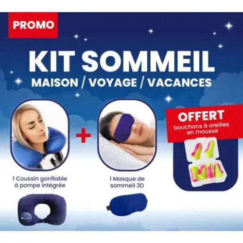 Kit Sommeil Mathieu Pharma - 1 Coussin Gonflable + 1 Masque de Sommeil 3D + Bouchons d'Oreilles en mousse
