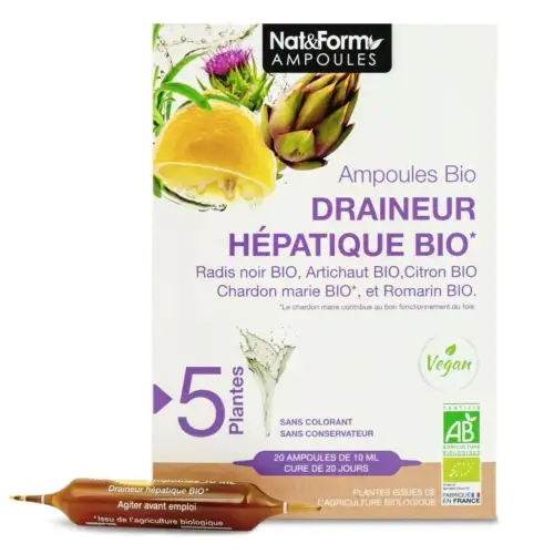 Nat & Form - Draineur Hépatique Bio - Cure 20 jours - 20 Ampoules