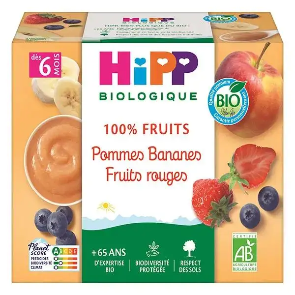 Hipp Pommes Bananes Fruits rouges dès 6 mois Coupelles 4 x100g