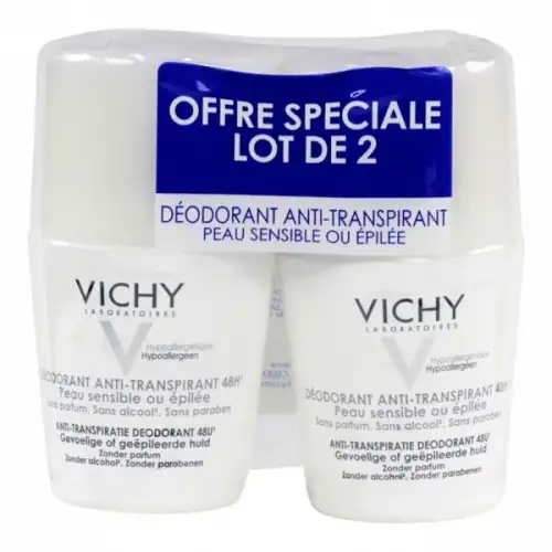 VICHY Déodorant Anti-Transpirant 48H Peaux Sensibles ou Epilées BILLE LOT de 2x50 ml