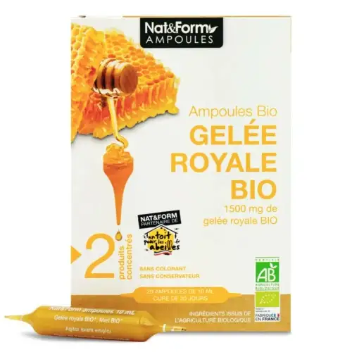Nat & Form - Gelée Royale Bio 1500mg - Cure 20 jours - 20 Ampoules